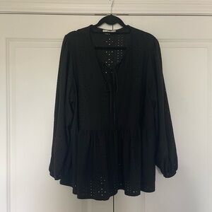 Women's Black Eyelet Tie-Neck Peplum Blouse